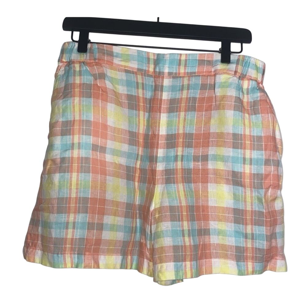 Issac Mizrahi Plaid 100% Linen Shorts Large Womens Pull On Elastic Waist Pockets